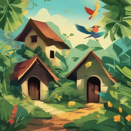 Three houses nestled in a jungle, where a magical bird disperses fire to the wild jungle dwellers; their smiles indicative of their happiness.