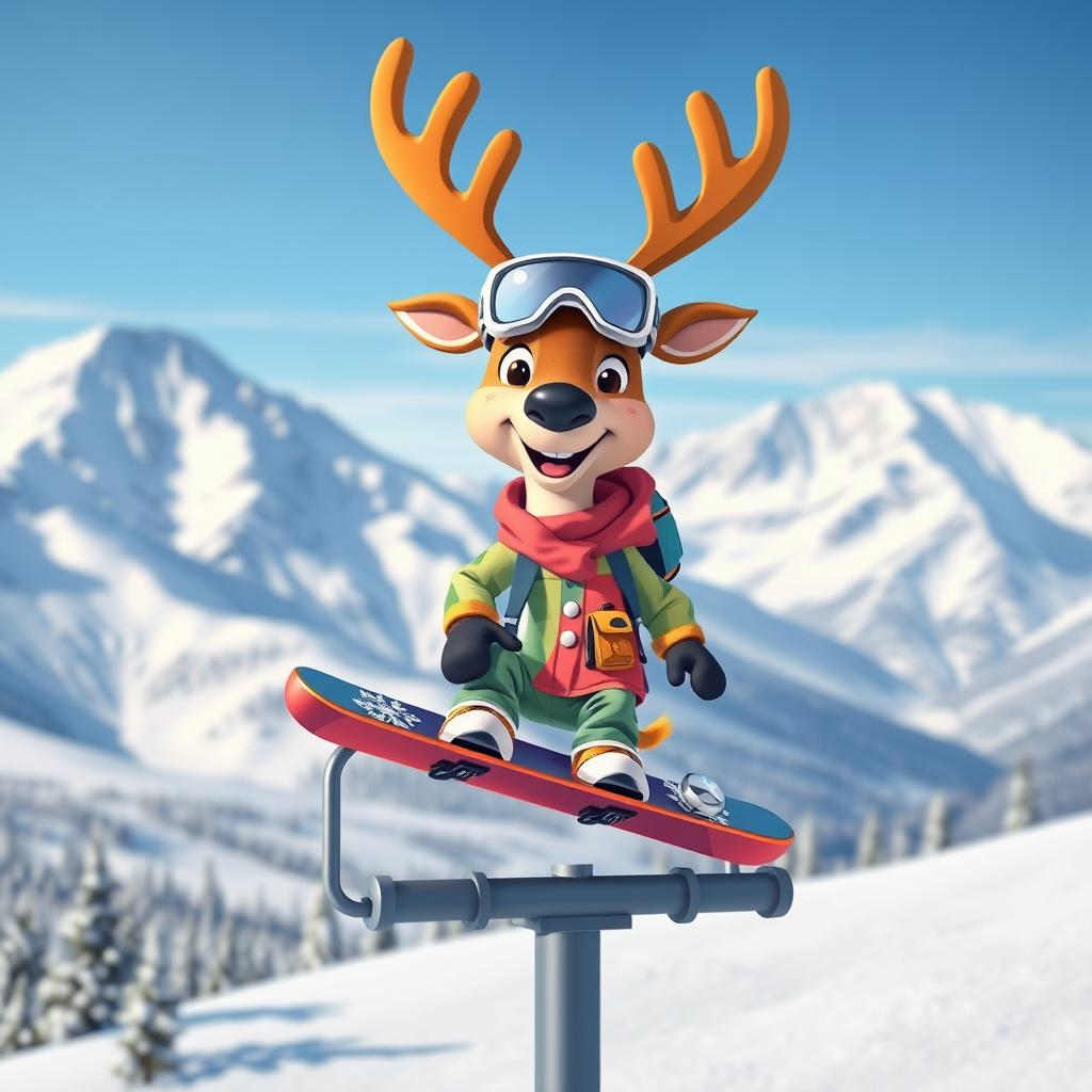 A whimsical scene featuring a cartoonish deer wearing a colorful snowboarding outfit, confidently perched atop a snow lift