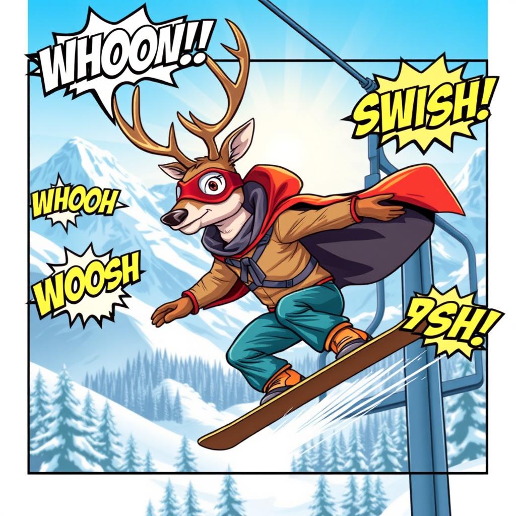 An exciting superhero-themed comic style illustration of a deer snowboarding on a snow lift