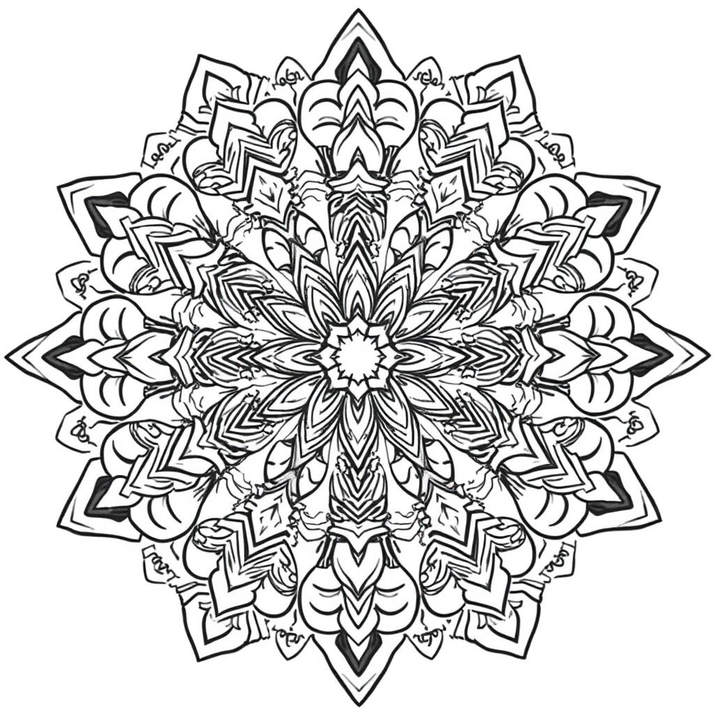 A detailed mandala design for a coloring book, featuring intricate floral and geometric patterns with a variety of shapes, including circles, triangles, and spirals