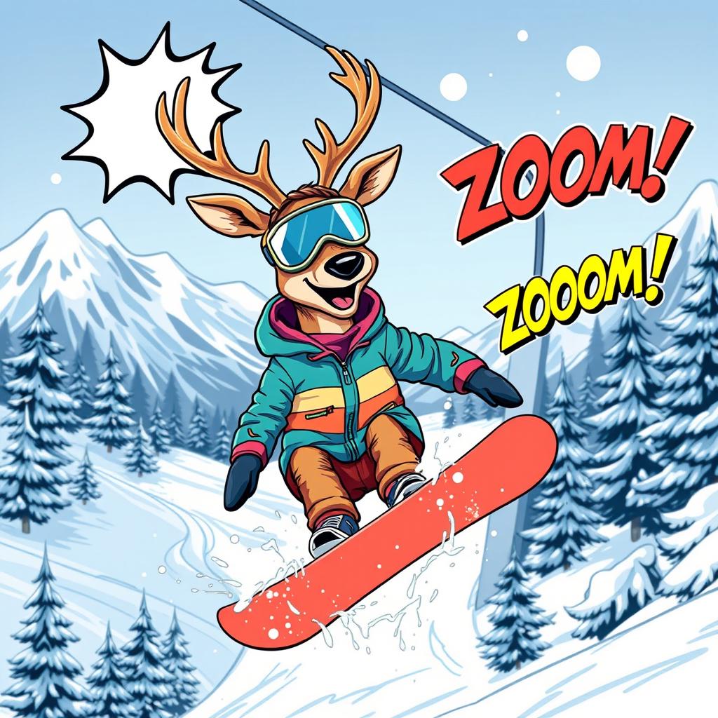 A vibrant comic style illustration of a deer snowboarding on a snow lift