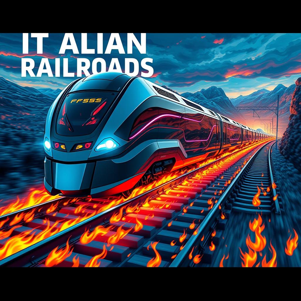 Futuristic trains speeding along flaming tracks, adorned with the text 'ITALIAN RAILROADS FFSS'