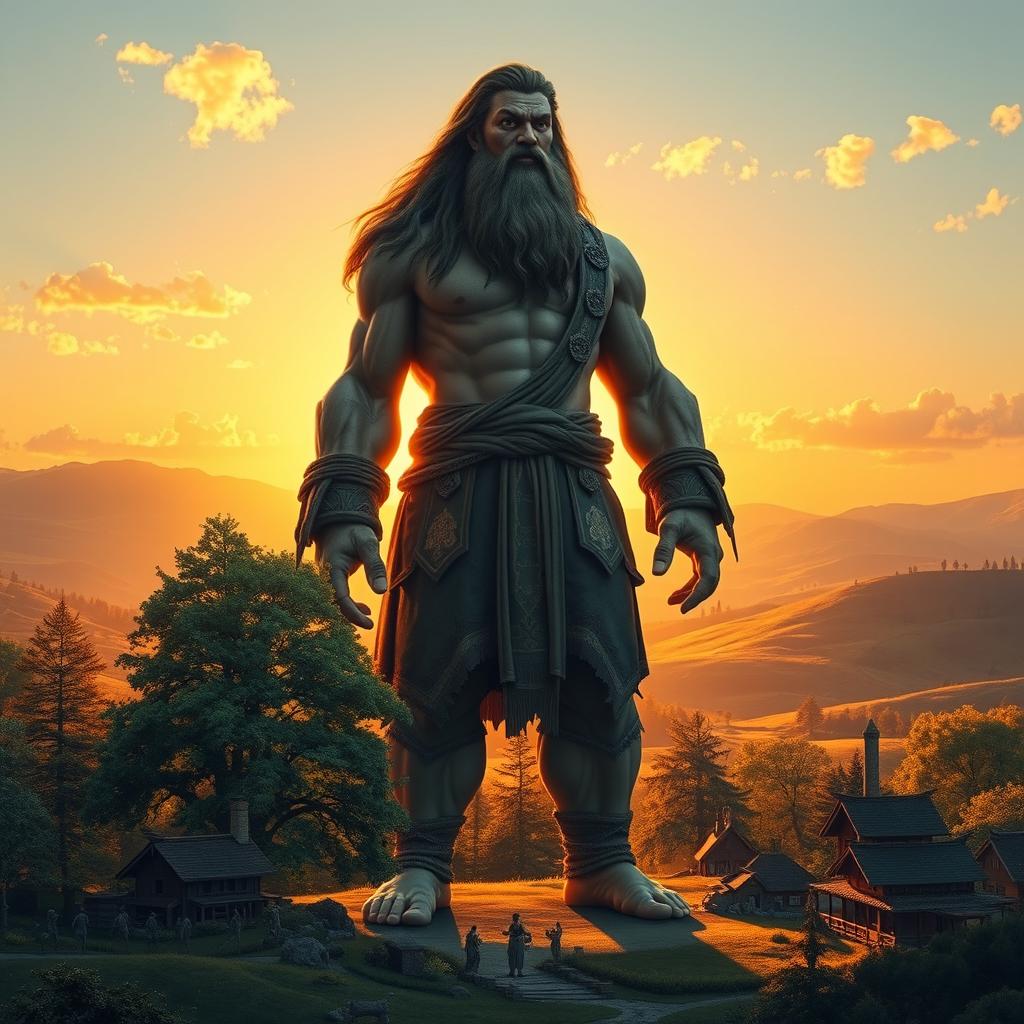 A towering giant named Adam, standing 60 feet tall, depicted in a fantastical landscape