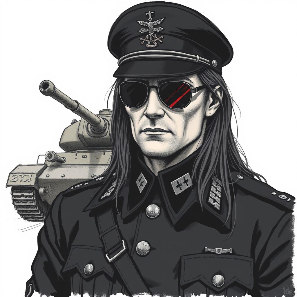 A dark art hand-drawn illustration of a figure wearing an old black German military uniform
