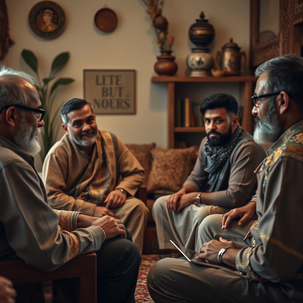 A serene and intimate scene depicting a diverse group of male adults engaged in a supportive community gathering, discussing cultural practices related to caregiving and nurturing