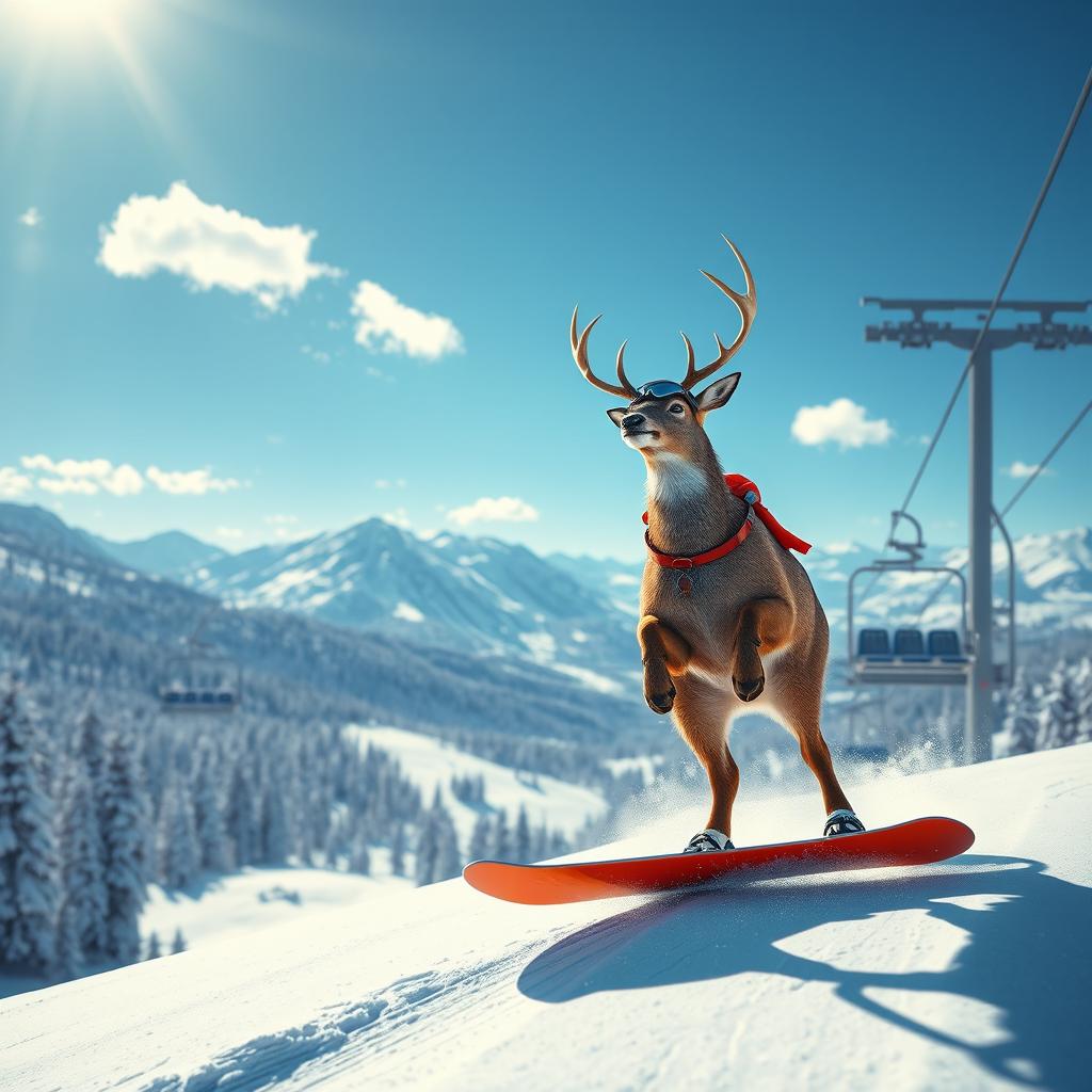 A realistic portrayal of a deer snowboarding on a snow lift, showcasing the animal with detailed fur texture and natural coloration
