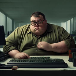 A hyper-realistic portrayal of an overweight government worker with pimples, deeply engrossed in typing on a keyboard in an office setting