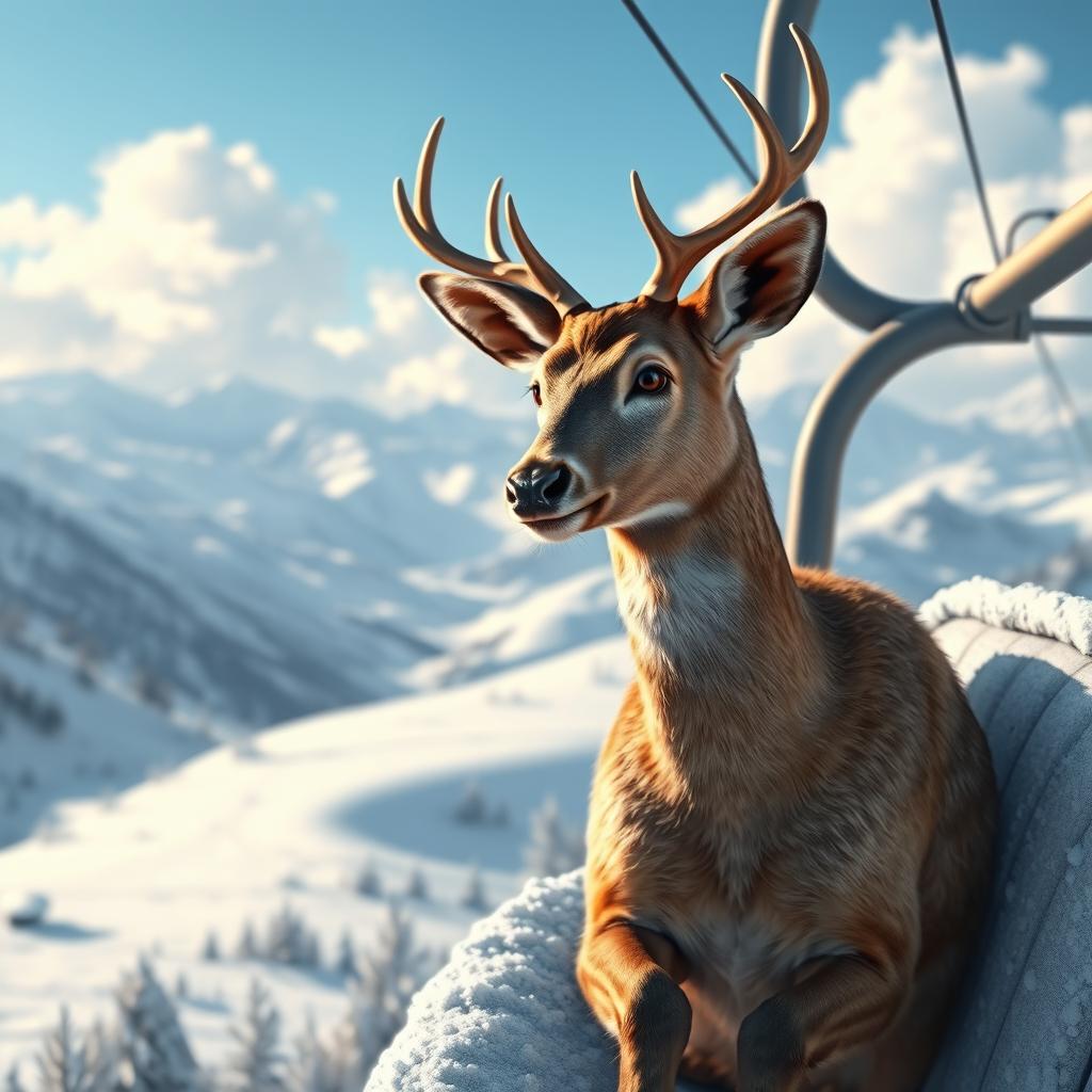 A realistic depiction of a deer sitting on a snow lift, showcasing its detailed fur texture and natural coloration