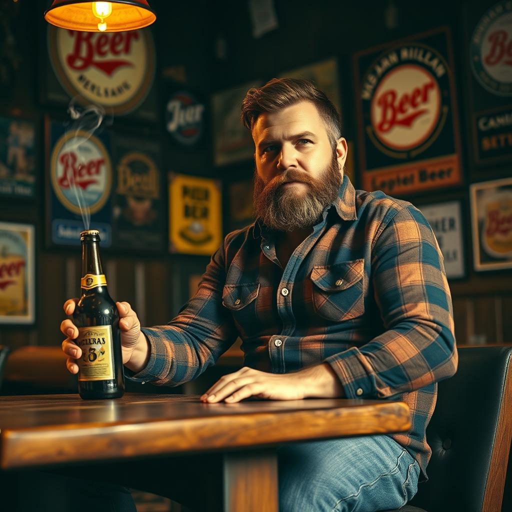 A rugged, bearded man sitting at a rustic wooden table in a dimly lit bar, wearing a fitted flannel shirt and jeans