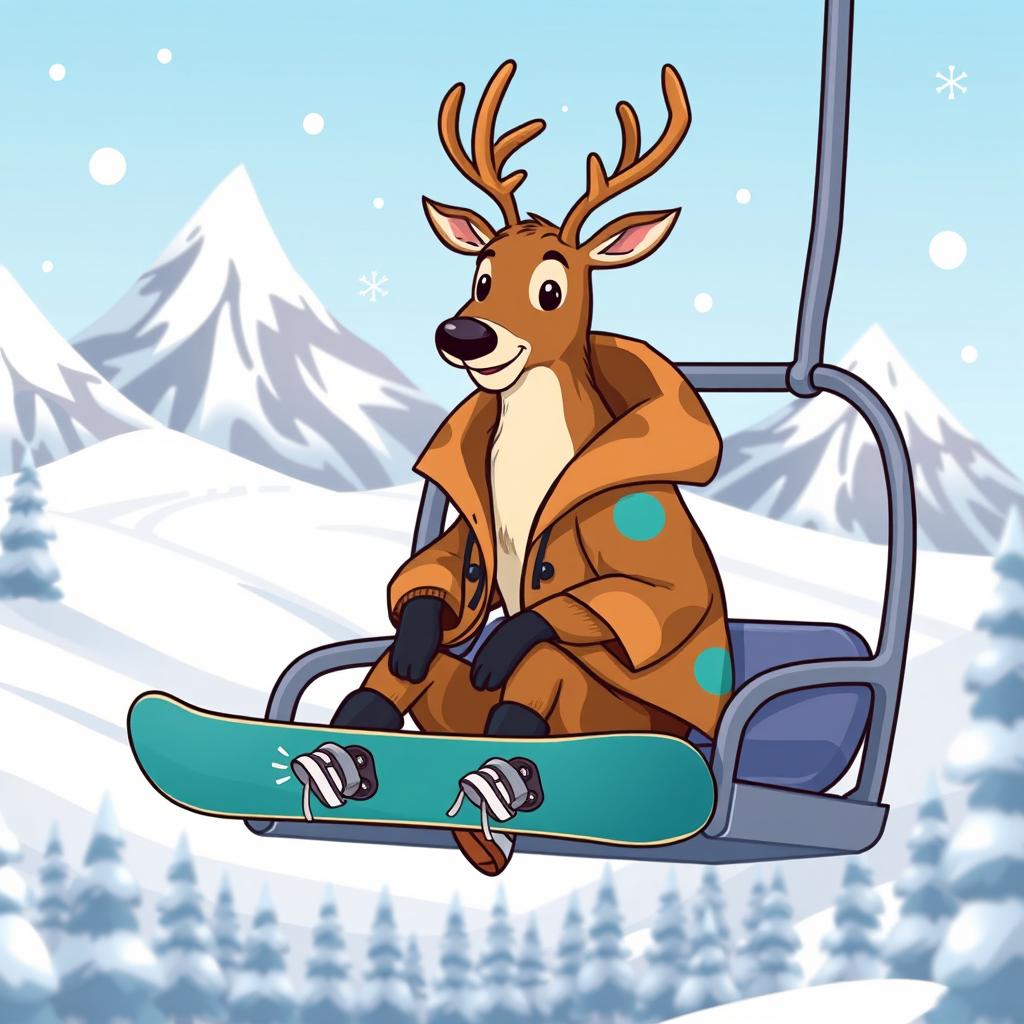 A whimsical illustration of a cartoon-style deer sitting on a snow lift, wearing a stylish, colorful coat