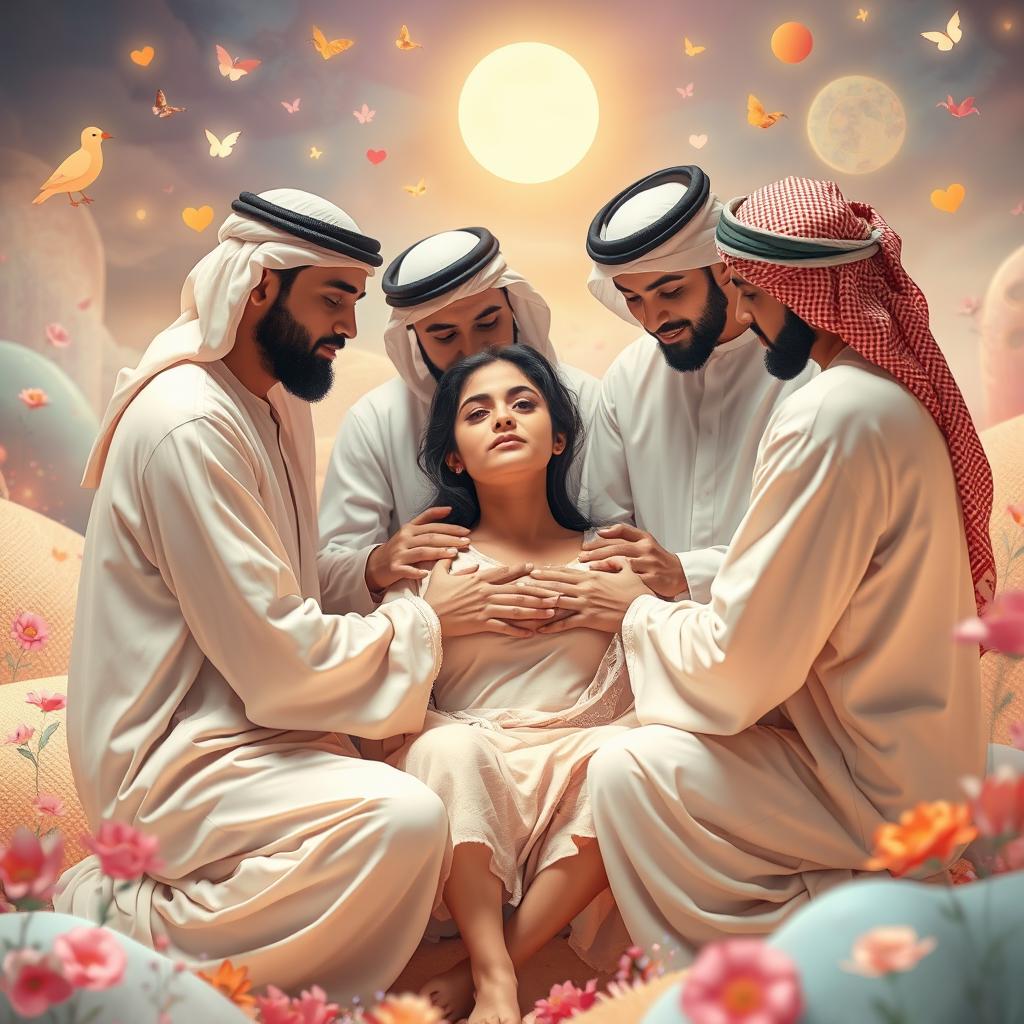 A surreal and imaginative scene featuring a group of Arab men in traditional attire, gently caring for and interacting with a woman who is at the center of a colorful, dream-like setting