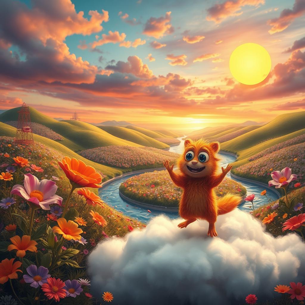 A whimsical, colorful world filled with fantastical creatures and oversized plants reminiscent of a surreal dream