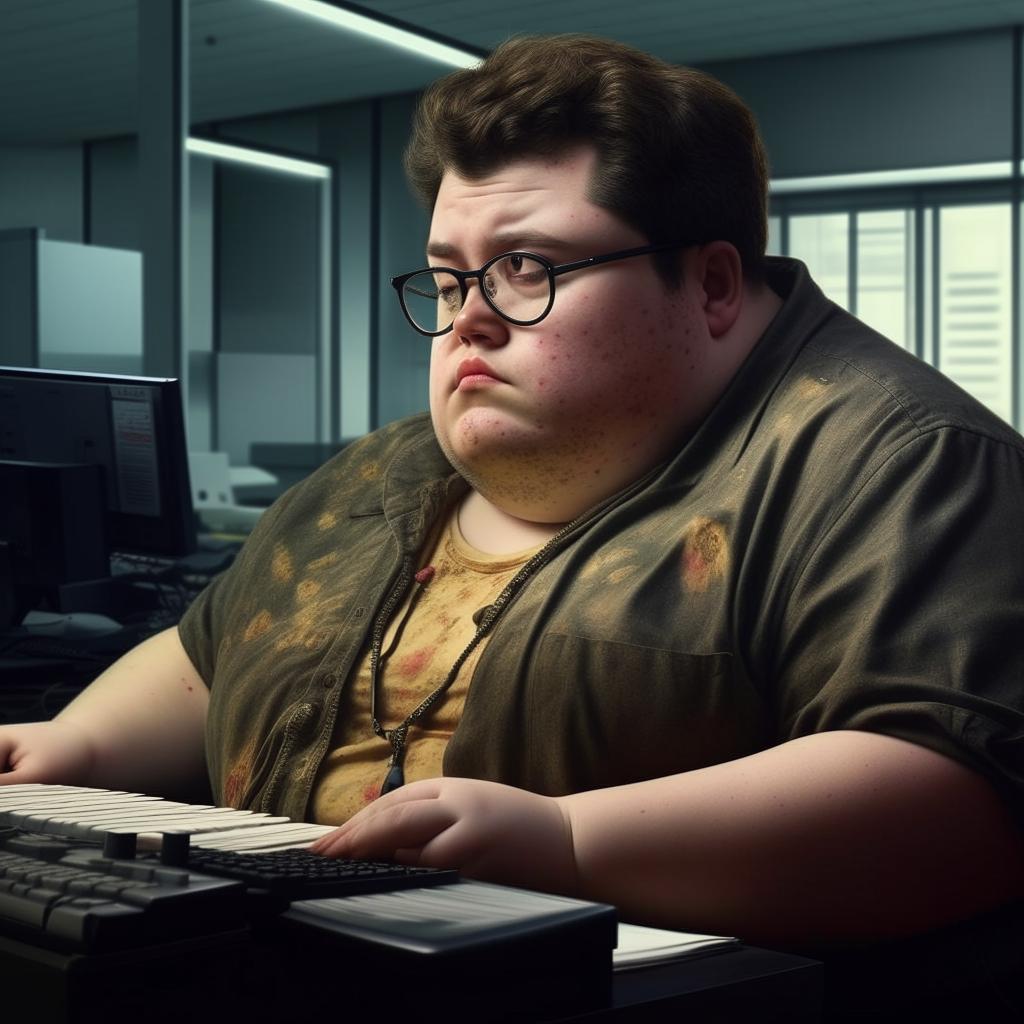 A hyper-realistic portrayal of an overweight government worker with pimples, deeply engrossed in typing on a keyboard in an office setting