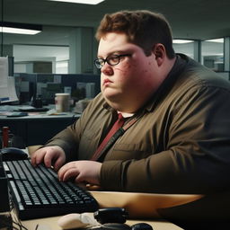 A hyper-realistic portrayal of an overweight government worker with pimples, deeply engrossed in typing on a keyboard in an office setting