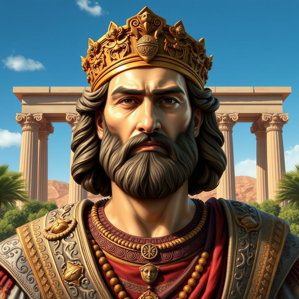 A majestic portrait of Cyrus the Great, depicted as a powerful ruler of the ancient Persian Empire