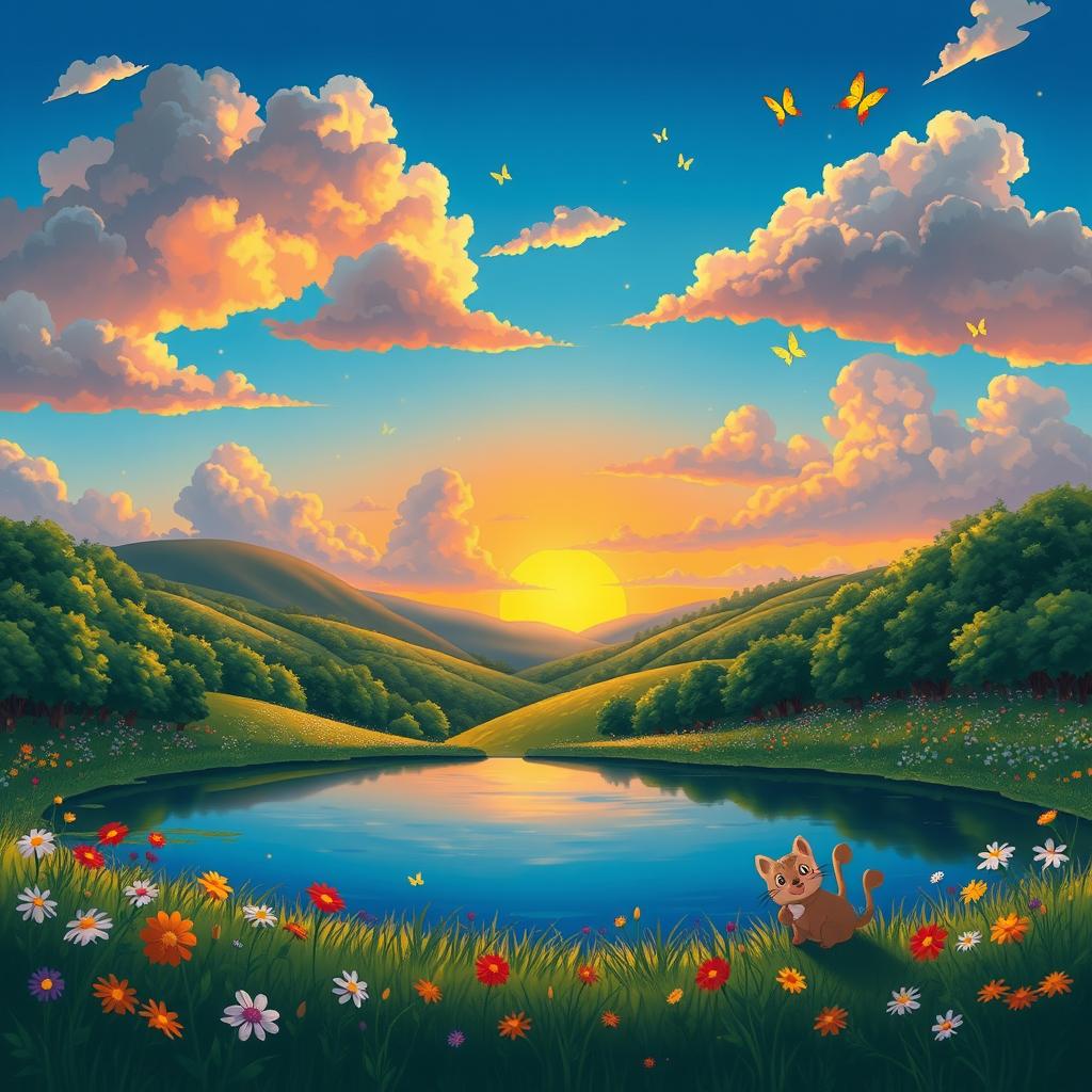 A whimsical, enchanting landscape inspired by Studio Ghibli's signature style, featuring lush green forests, rolling hills, and colorful flowers