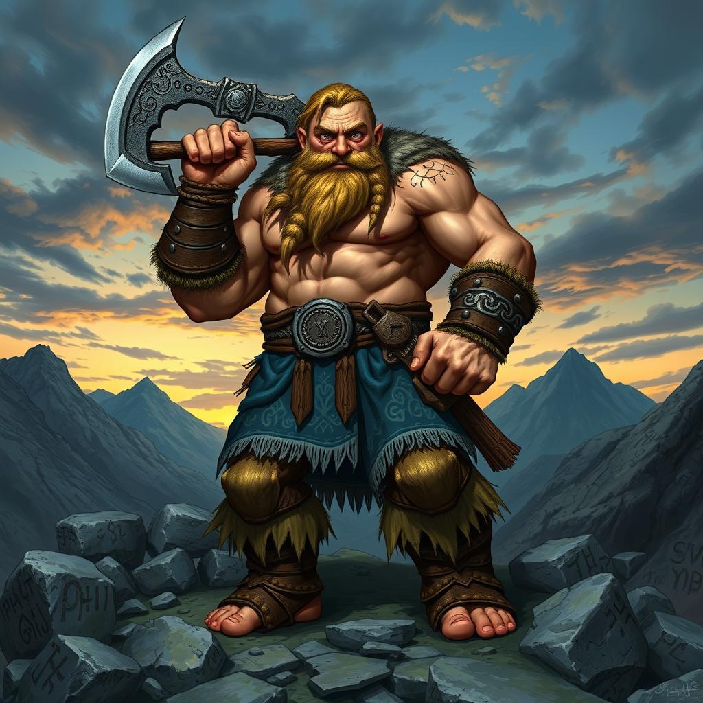A fierce dwarven berserker, clad in intricately detailed blue and white pants, stands boldly with a massive two-handed axe resting on his shoulder