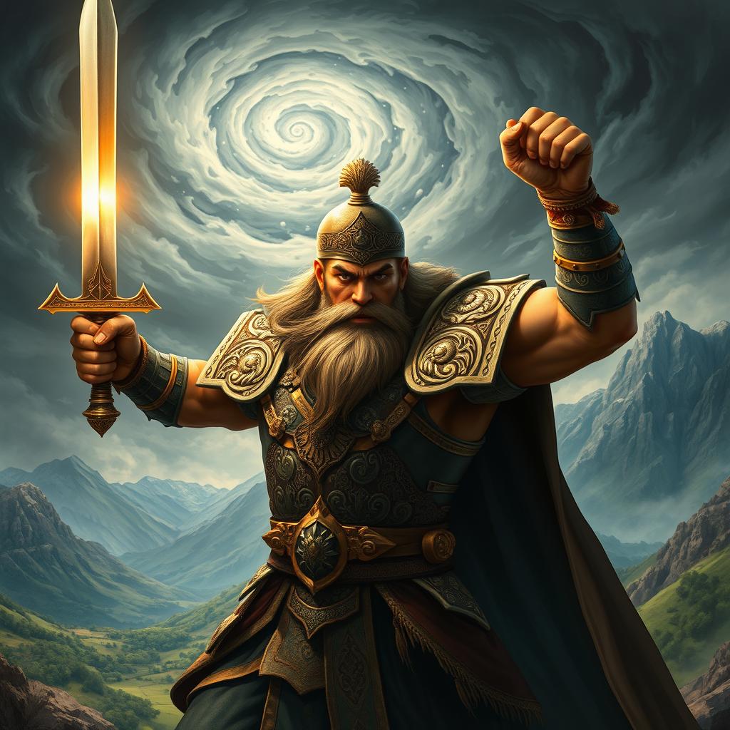 A dynamic and heroic depiction of Ario Barzan, a legendary figure from Persian mythology