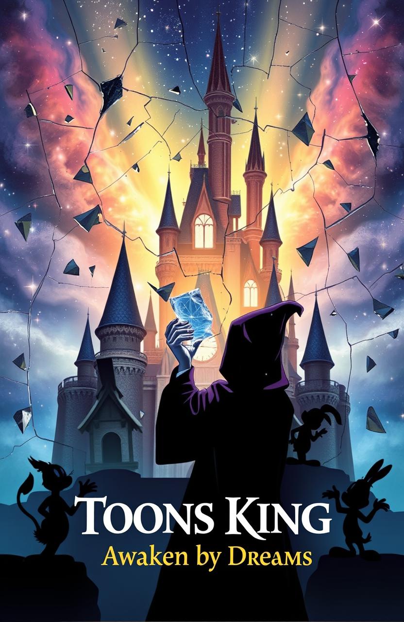 An enchanted Disney-style castle that appears to be shattered into pieces, resembling broken stained glass, with fragments scattered throughout the background