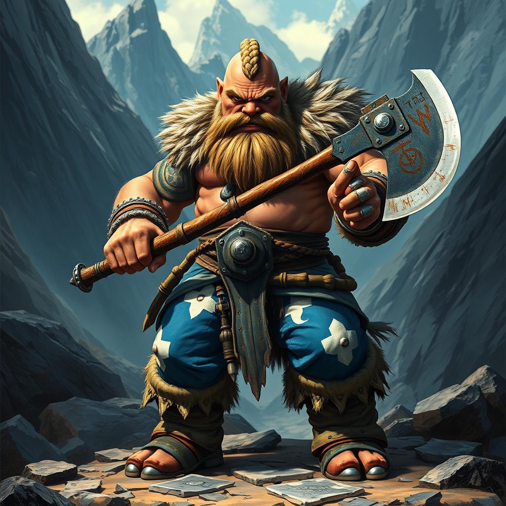 A fierce dwarven berserker, wearing striking blue and white pants, grips a large axe with both hands, showcasing his battle-hardened warrior spirit