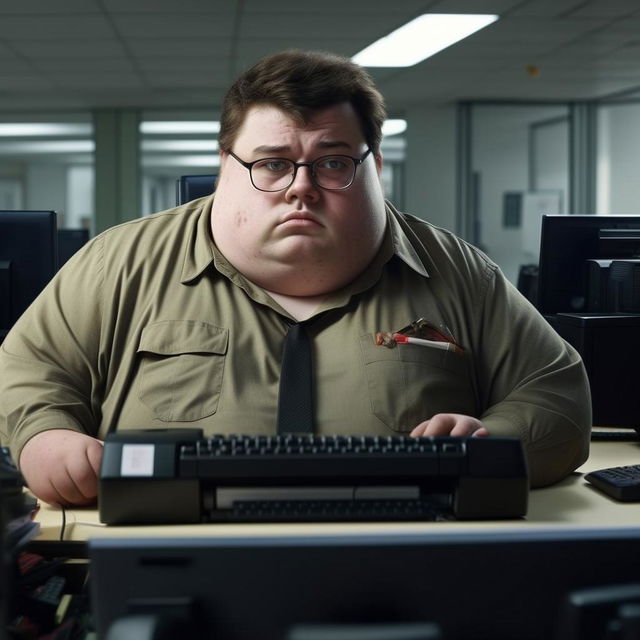 A hyper-realistic portrayal of an overweight government worker with pimples, deeply engrossed in typing on a keyboard in an office setting