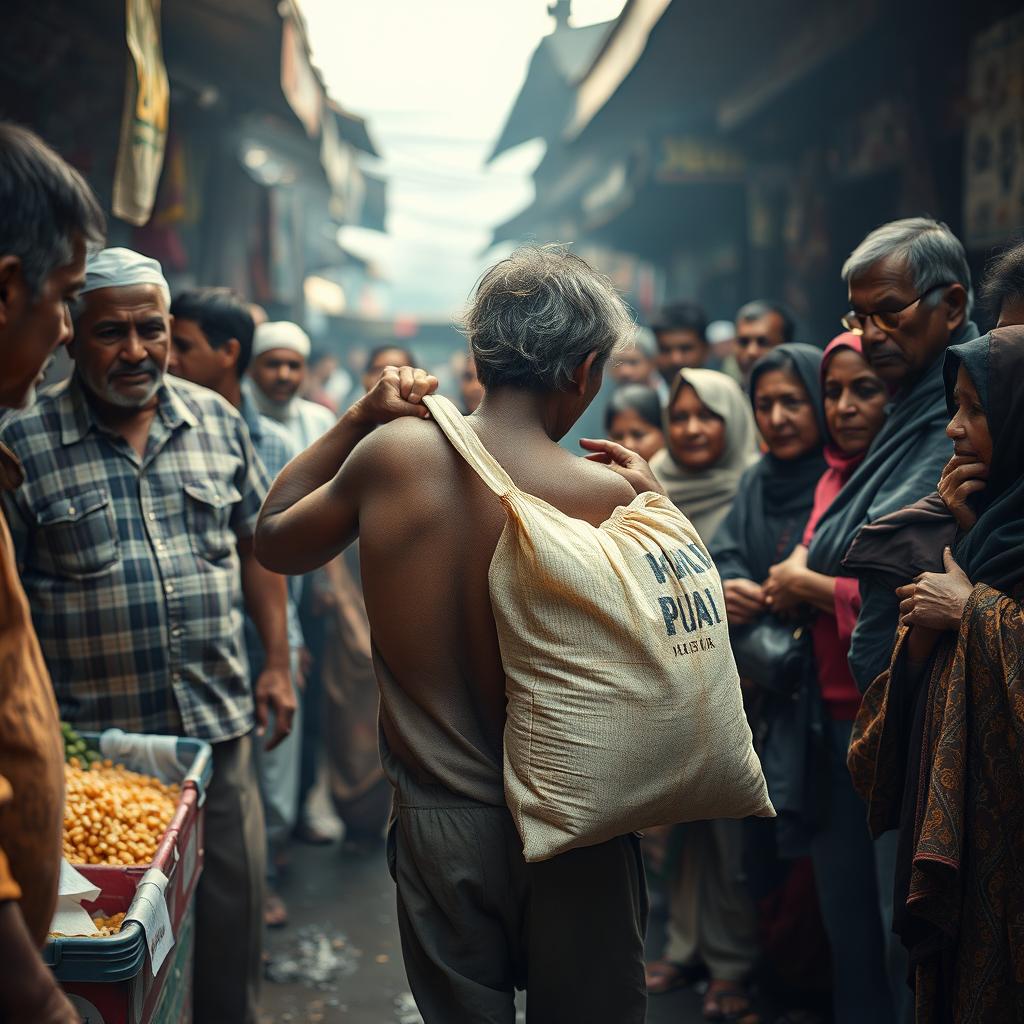 A poignant scene at a market, where a poor man, wearing worn-out clothes, is walking back with a heavy bag of rice slung over his shoulder