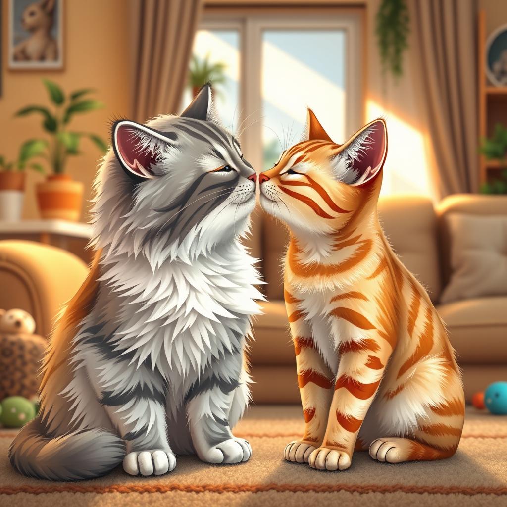 A delightful scene of two cats gently kissing, their faces close together with soft expressions, showcasing a moment of affection