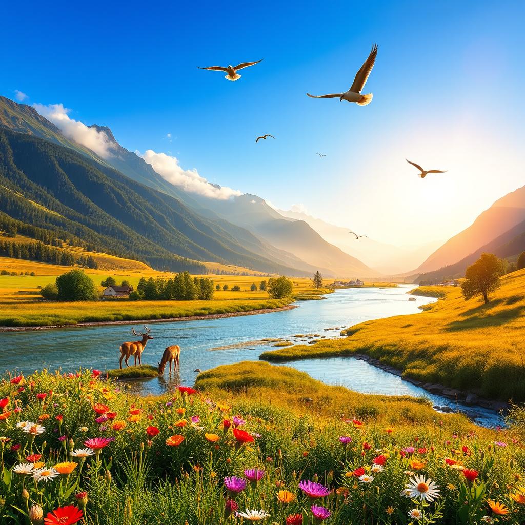 A vibrant landscape with a peaceful river flowing through a lush green valley, surrounded by majestic mountains under a bright blue sky