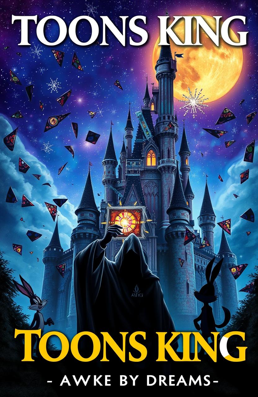 A very realistic depiction of a Disney-style enchanted castle shattered into pieces, with stained glass fragments scattered everywhere