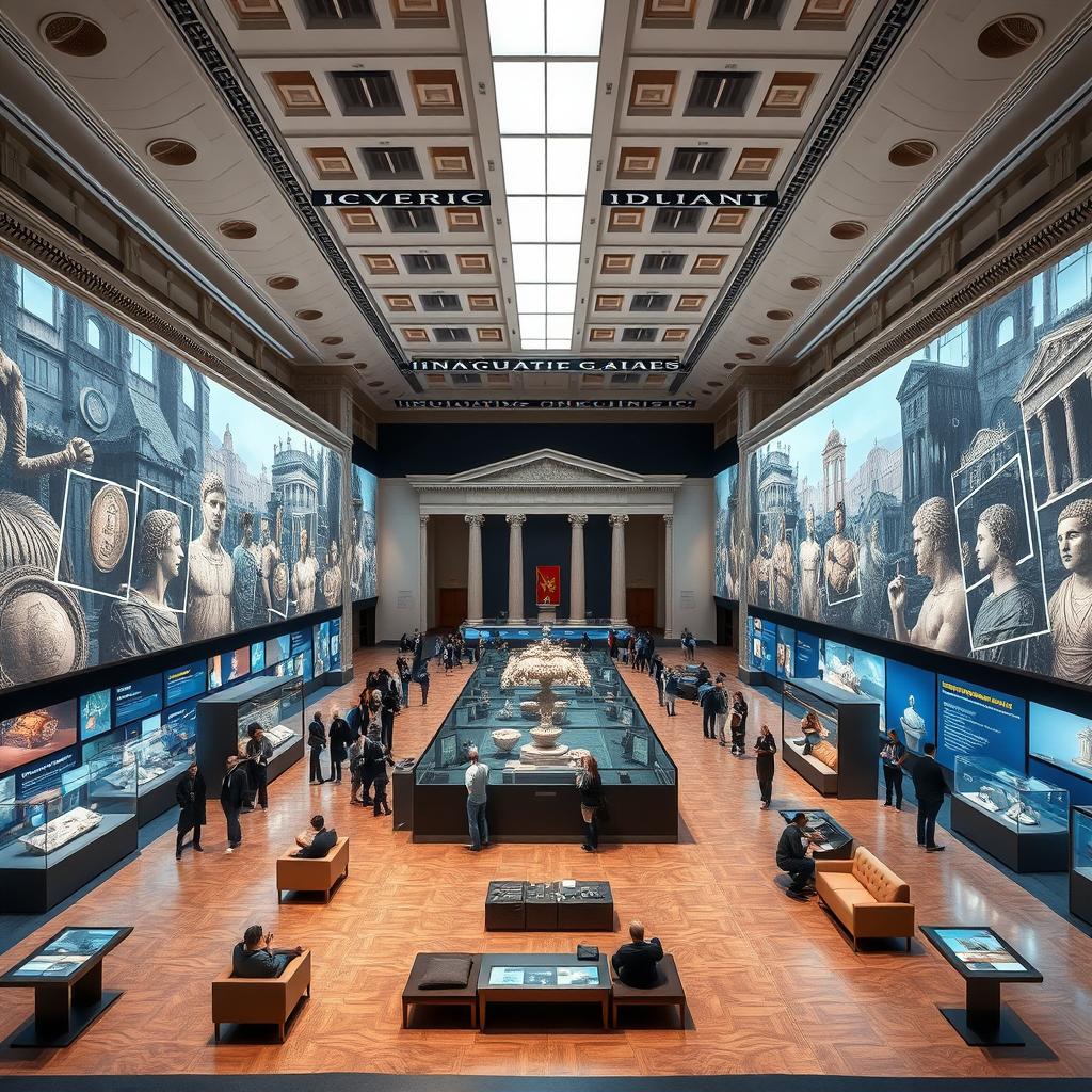 A grand archaeological exhibition space showcasing Roman artifacts for an inauguration event
