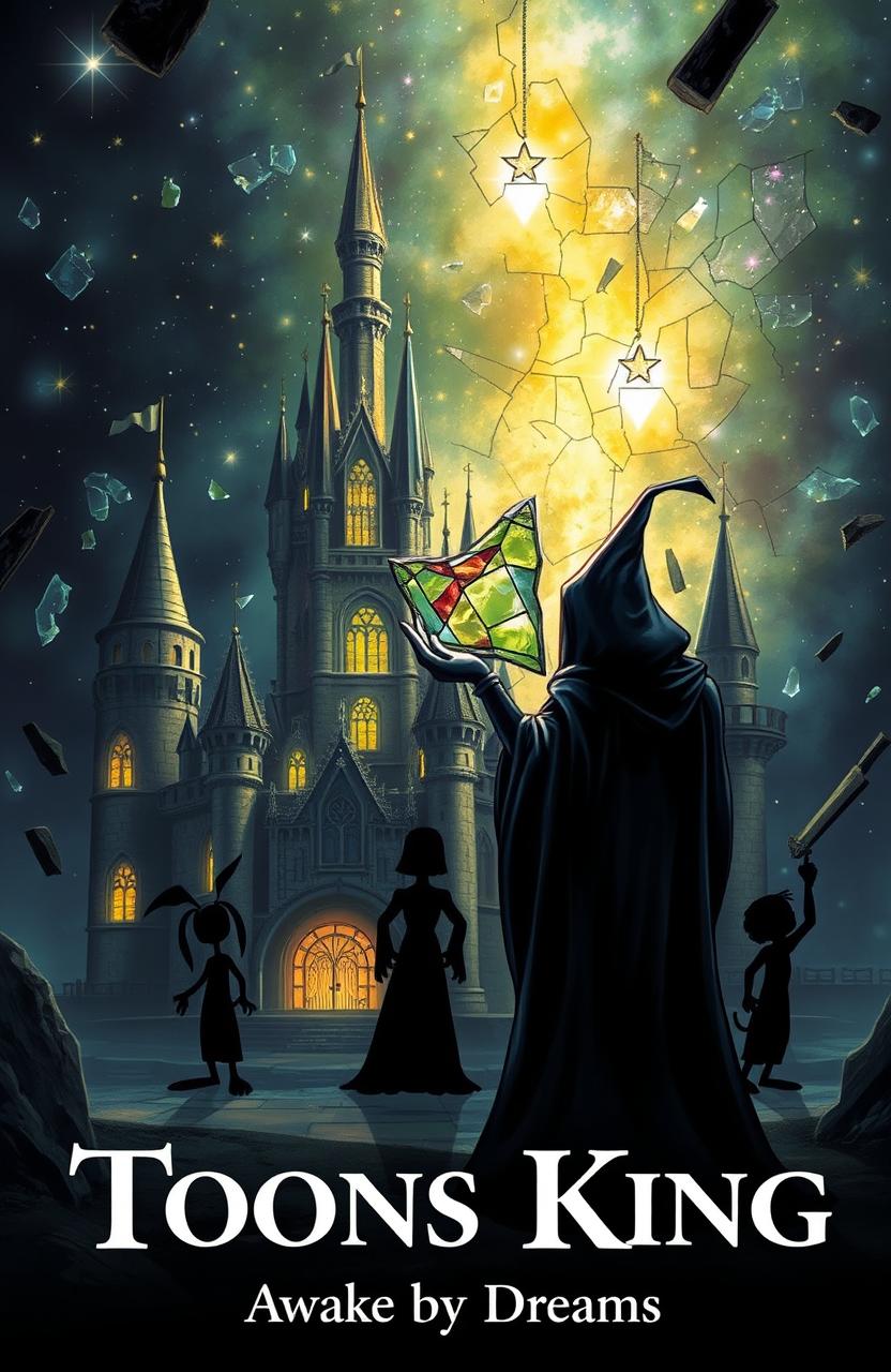 A very realistic depiction of an enchanted castle in the Disney style, shattered into pieces with stained glass everywhere