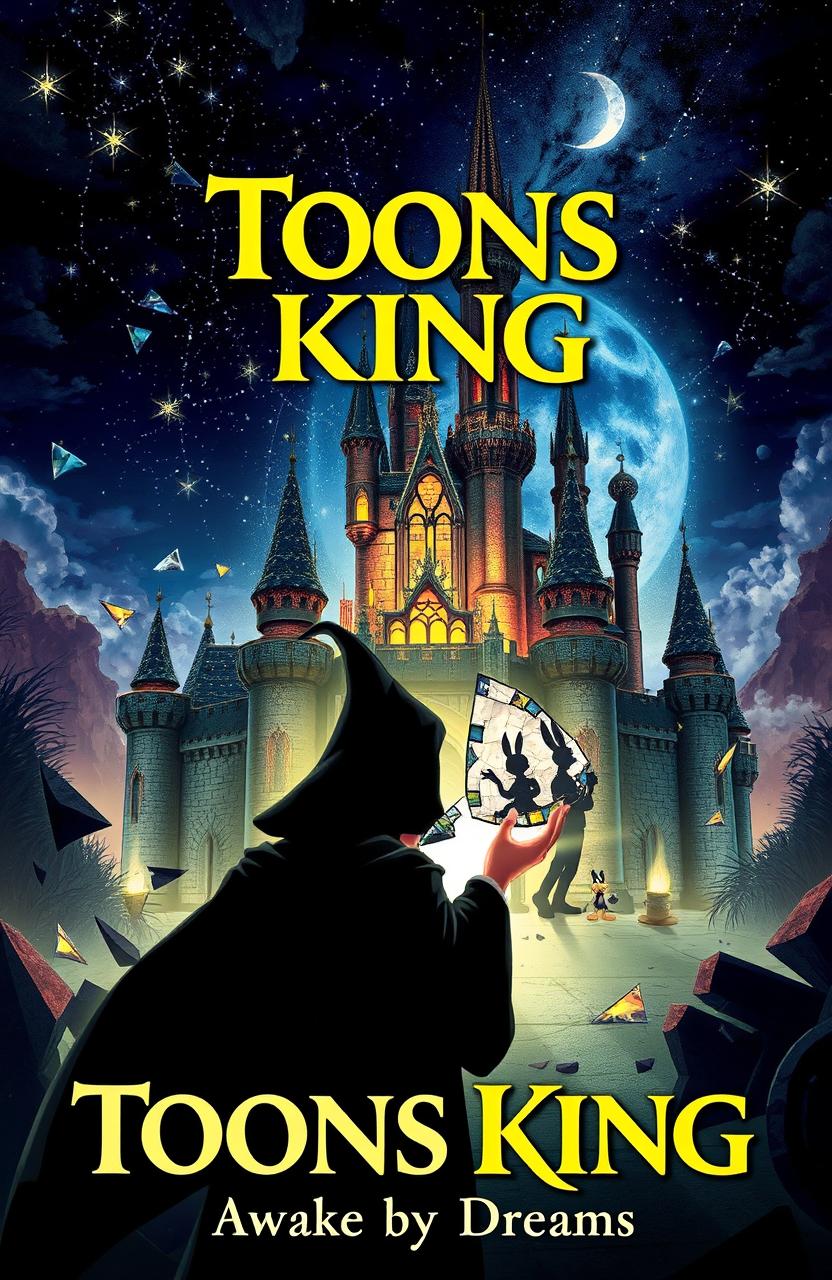A magical and enchanted scene depicting a Disney-style castle, beautifully shattered into pieces, with intricate stained glass fragments scattered throughout the environment