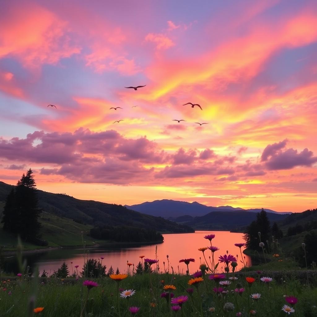 A visually stunning landscape during sunset, showcasing vibrant colors in the sky with soft pinks, oranges, and purples blending together