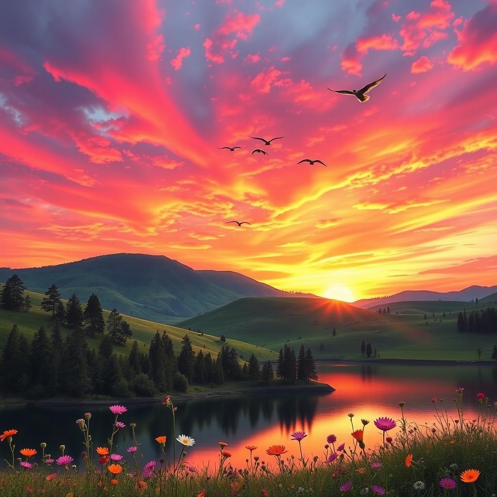 A breathtaking sunset landscape featuring an explosion of vibrant colors in the sky, with rich shades of pink, orange, and purple beautifully blending into one another