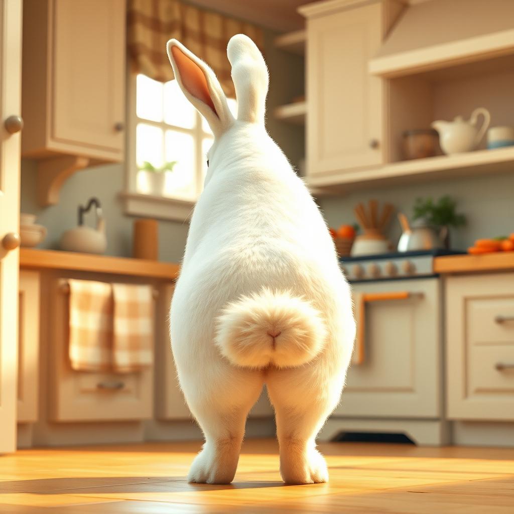 A grown, cute white bunny shown from the back in a cozy kitchen, with realistic, well-defined glutes gently jiggling as she playfully stands
