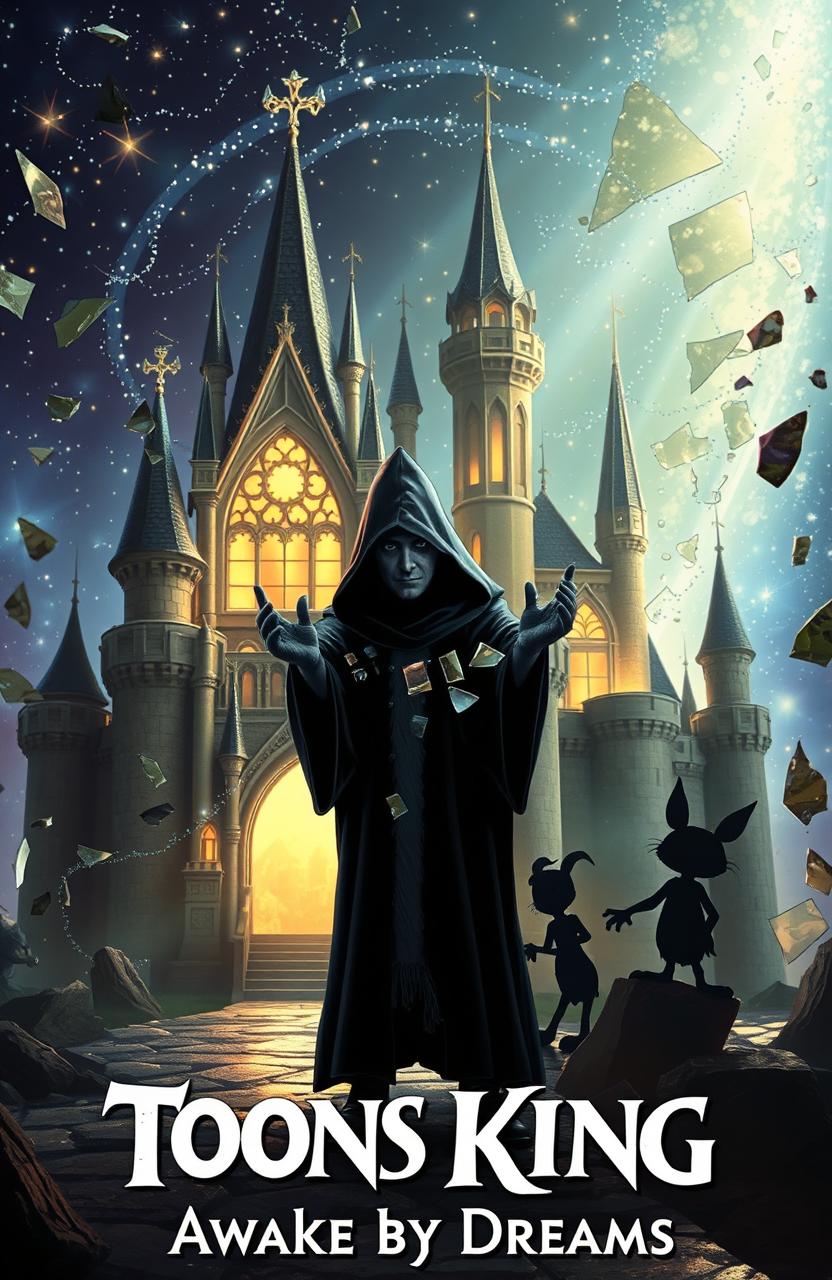 A hyper-realistic magical scene of an enchanted Disney-style castle that has shattered into pieces resembling stained glass