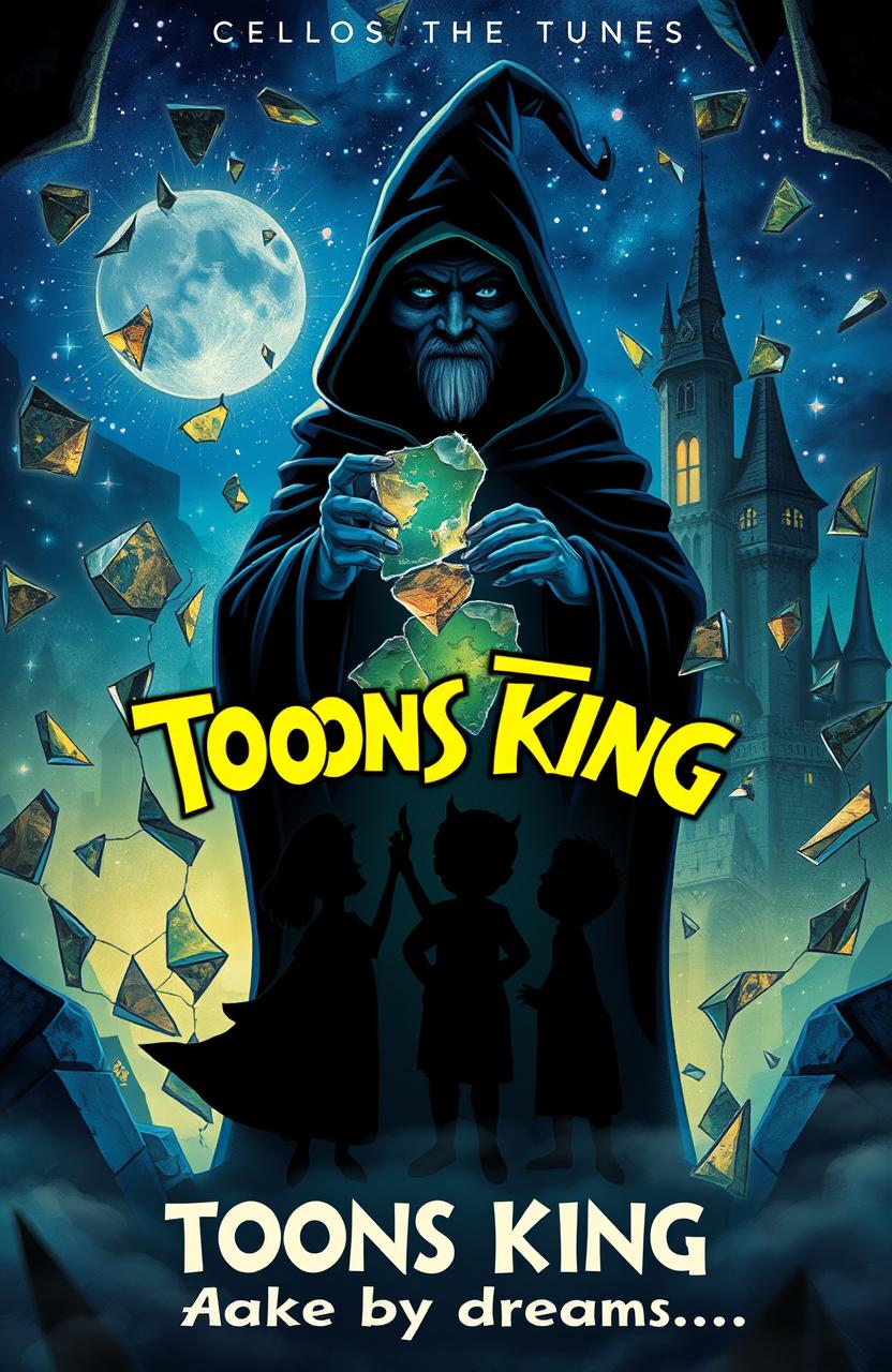 A magical enchanted castle shattered into pieces with stained glass, depicting elements of esoteric mystery