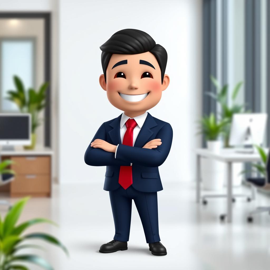 A professional looking Bitmoji character, wearing a tailored navy blue suit with a crisp white shirt and a vibrant red tie, standing confidently with arms crossed