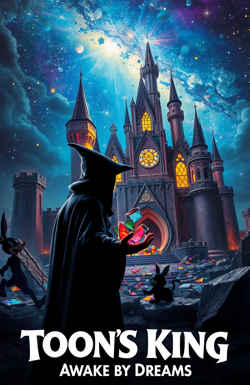A very realistic scene featuring an enchanted, Disney-style castle shattered into pieces, with vibrant stained glass fragments scattered everywhere
