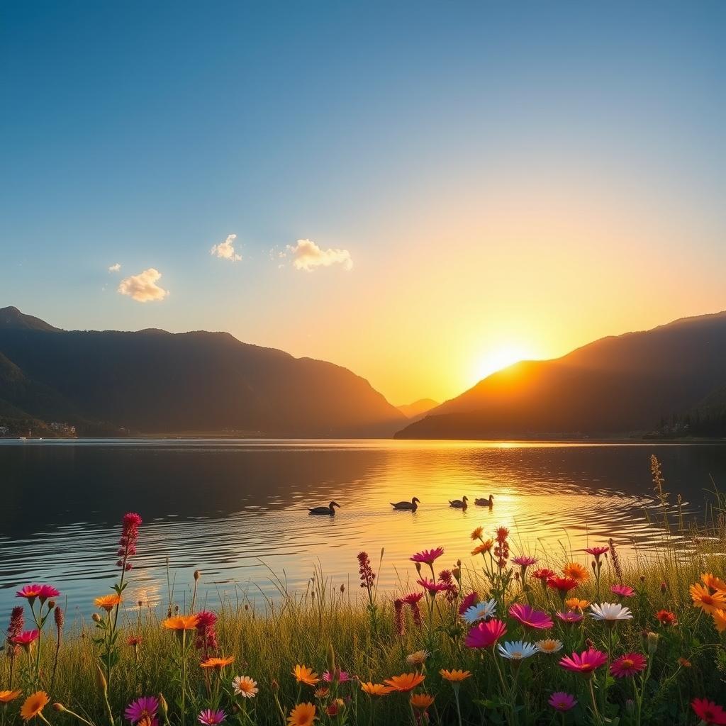 A picturesque landscape of a serene lake surrounded by lush green mountains under a clear blue sky