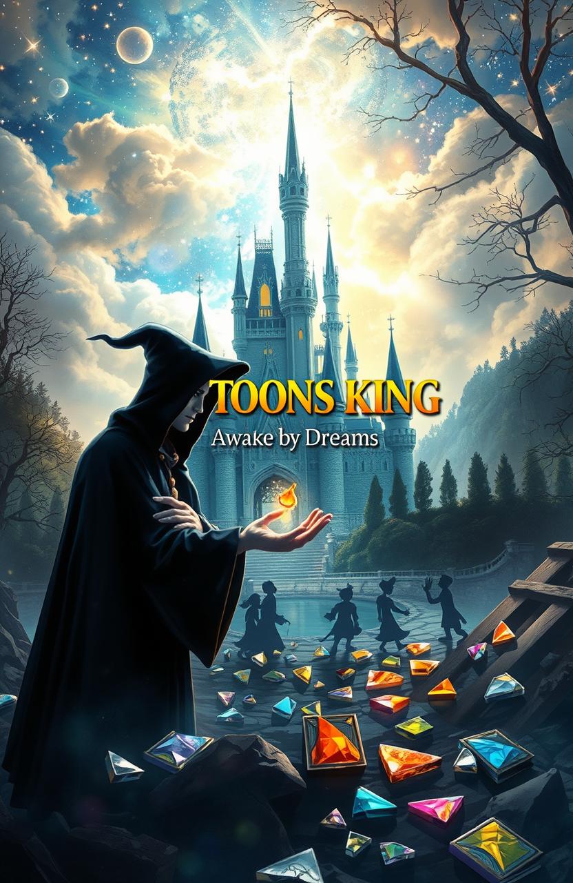 A magical, realistic scene depicting an enchanted castle in a Disney style, shattered into pieces with stained glass scattered throughout the landscape