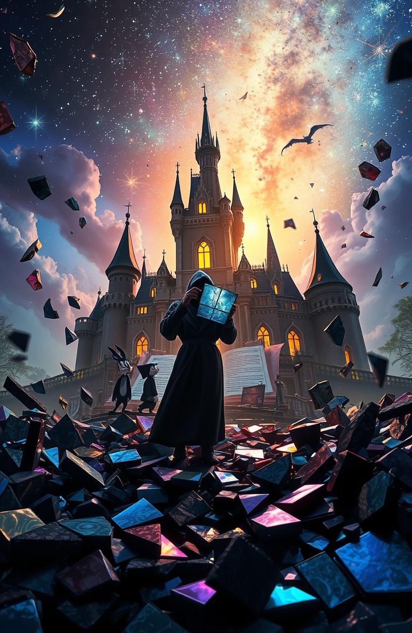 A magical scene depicting a highly realistic enchanted castle in a Disney style, shattered into pieces with stained glass elements