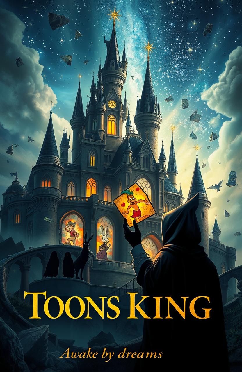 A very realistic depiction of an enchanted Disney-style castle that has shattered into pieces, with stained glass fragments scattered throughout the scene