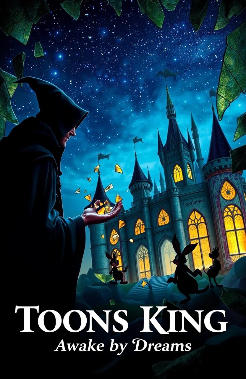 A highly detailed and realistic scene depicting a shattered, enchanted Disney-style castle made of stained glass, with pieces of broken glass scattered throughout the landscape
