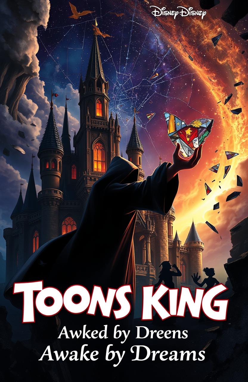 A very realistic depiction of an enchanted castle, resembling a Disney-style design, shattered into pieces with stained glass everywhere