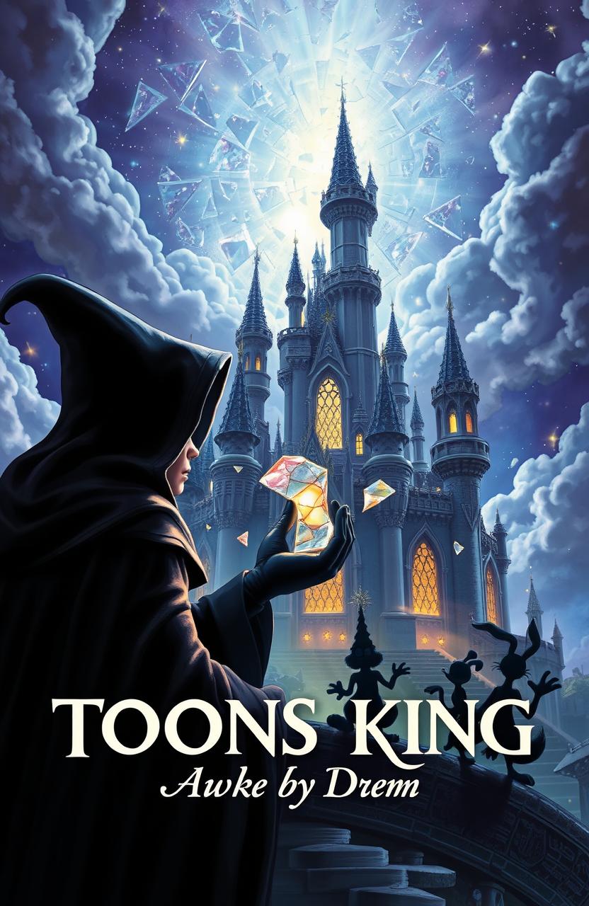 A fantastical scene depicting an enchanted, realistic Disney-style castle that is shattered into pieces, featuring intricate stained glass