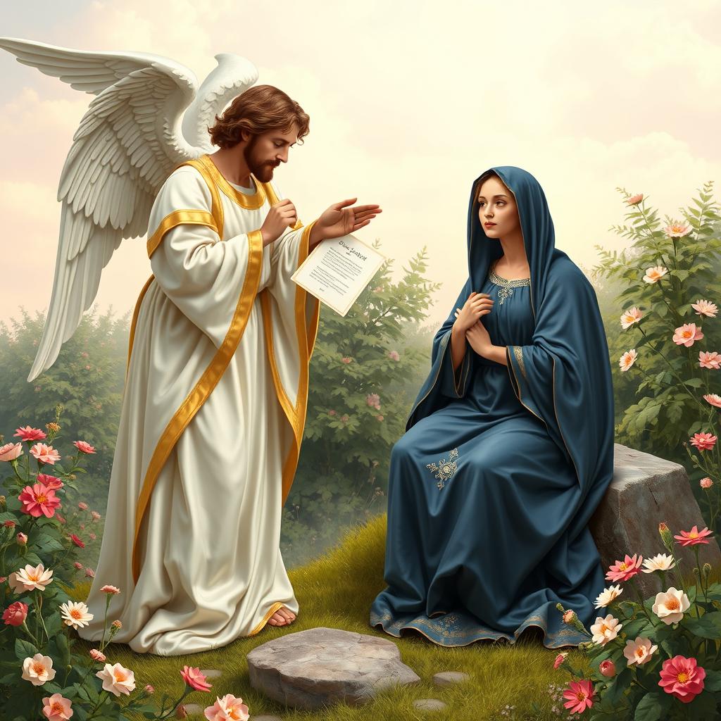 A classic representation of The Annunciation, featuring the Archangel Gabriel in a flowing white robe with golden accents, elegantly presenting a message to the Virgin Mary