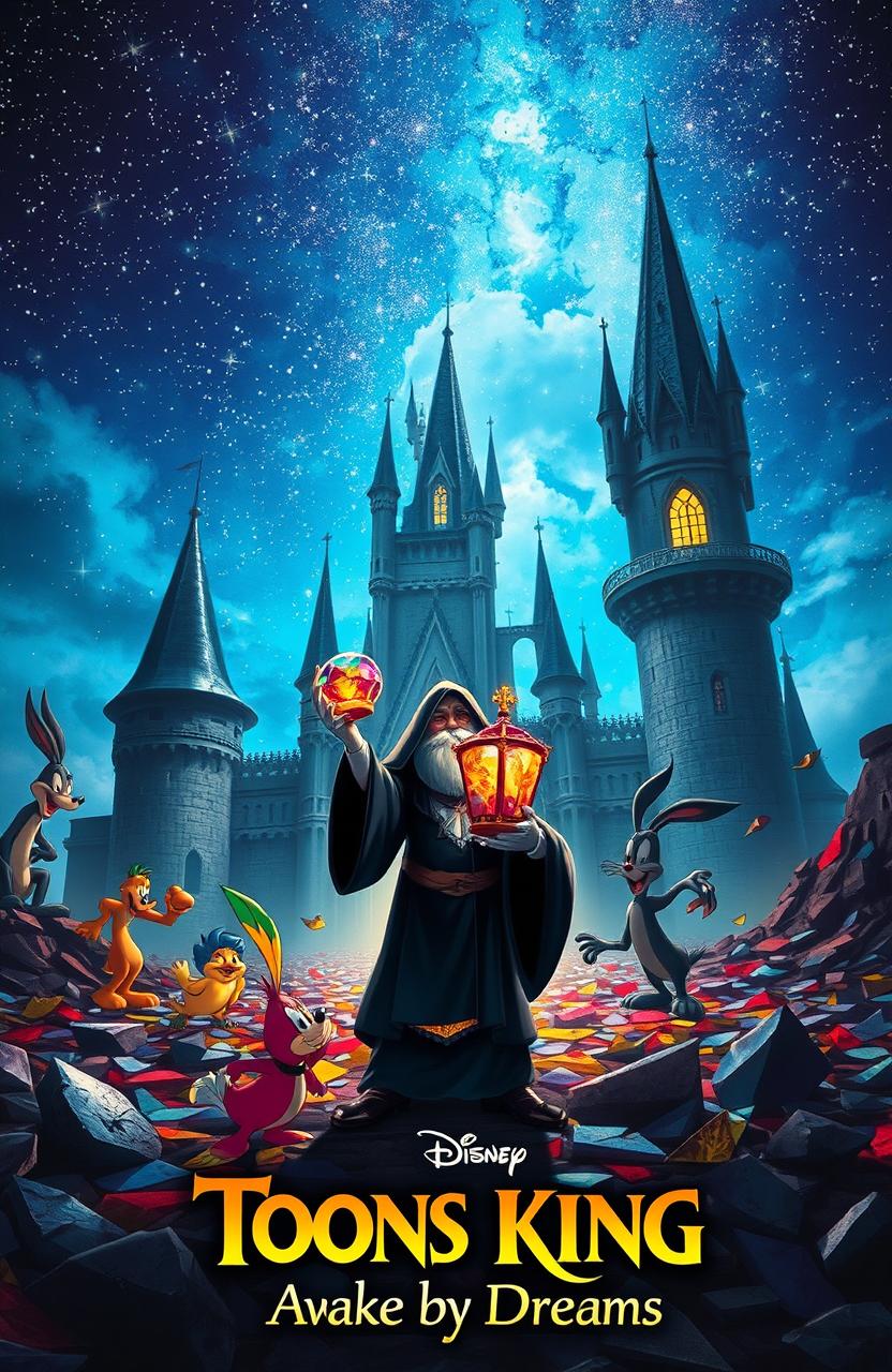 A very realistic depiction of an enchanted castle, styled like a Disney creation, shattered into countless pieces of stained glass that lie scattered across the ground