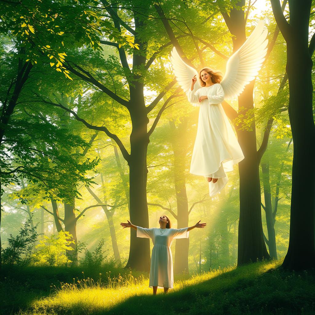 A spiritual scene depicting a serene angelic visitation in a lush, enchanted forest