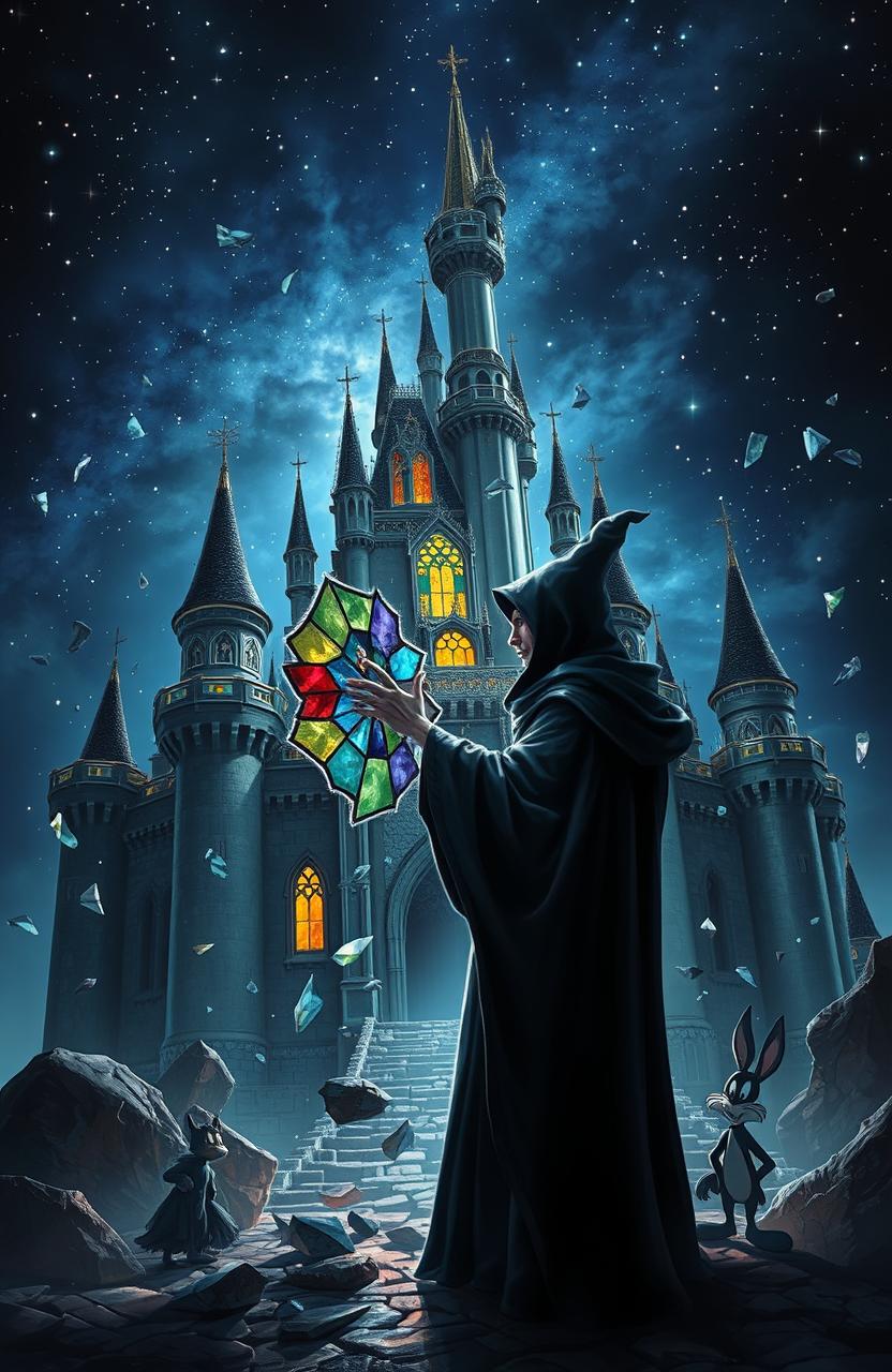 A very realistic depiction of an enchanted Disney-style castle that has shattered into pieces, with beautiful stained glass scattered everywhere in the background